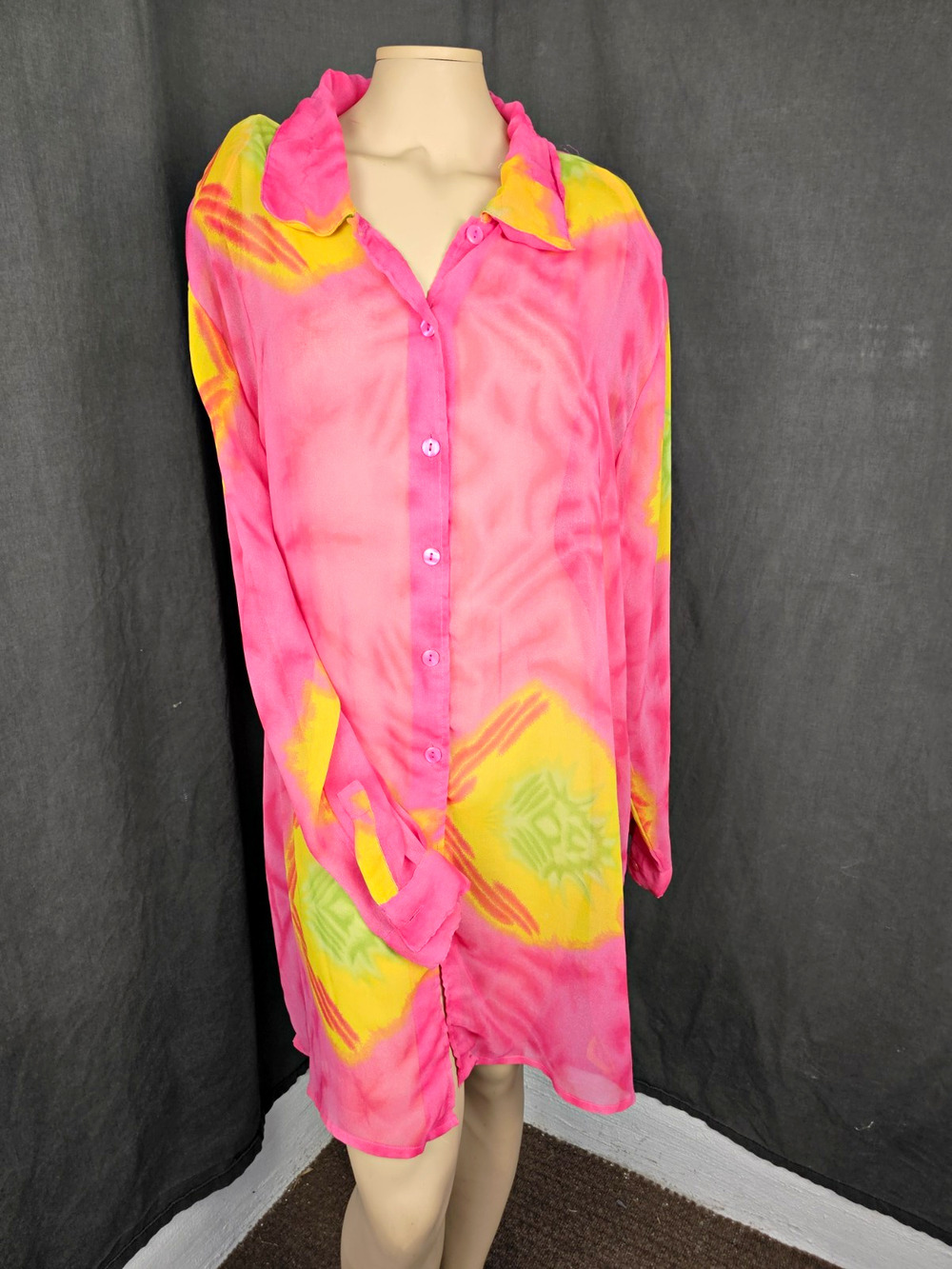 Vintage Y2K Sheer Pink Tie Dye Button Up Shirt Tunic Dress Plus Size 1X floral